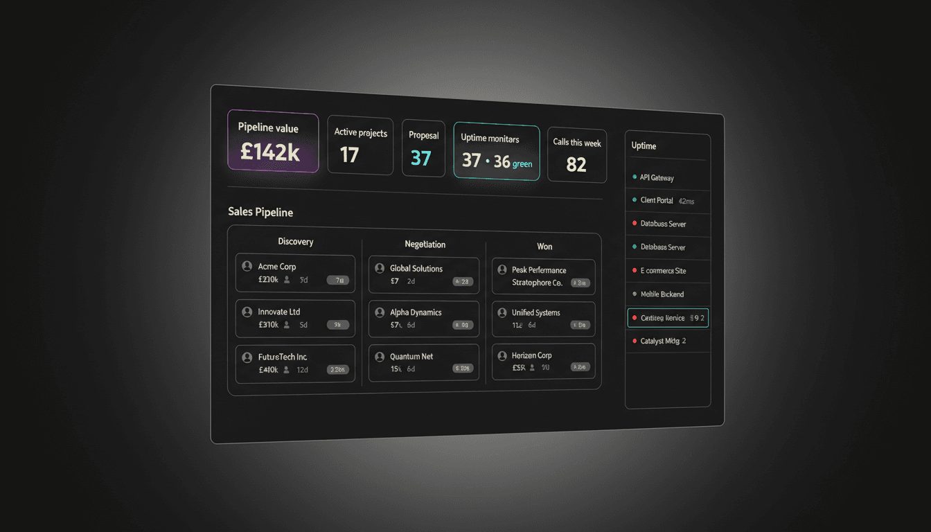 JCL CRM pipeline and uptime dashboard