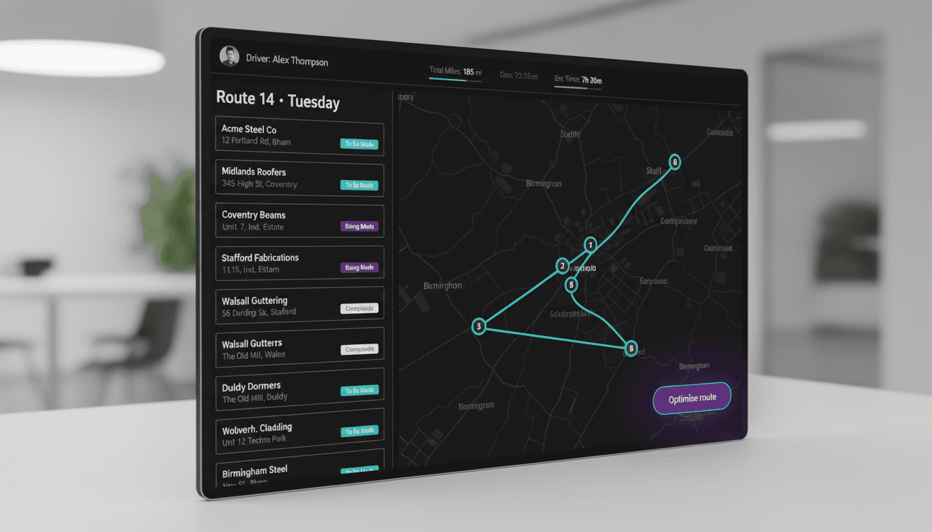 Mighty CRM route planner with drag-and-drop stop list and map