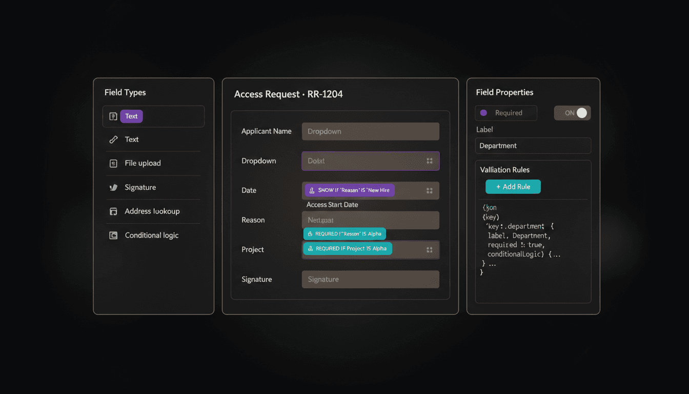 RR Access form builder with field palette and schema preview
